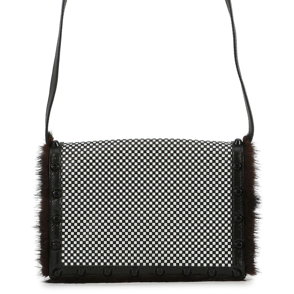Fendi Shoulder Bag Checkered Studded Leather Fur